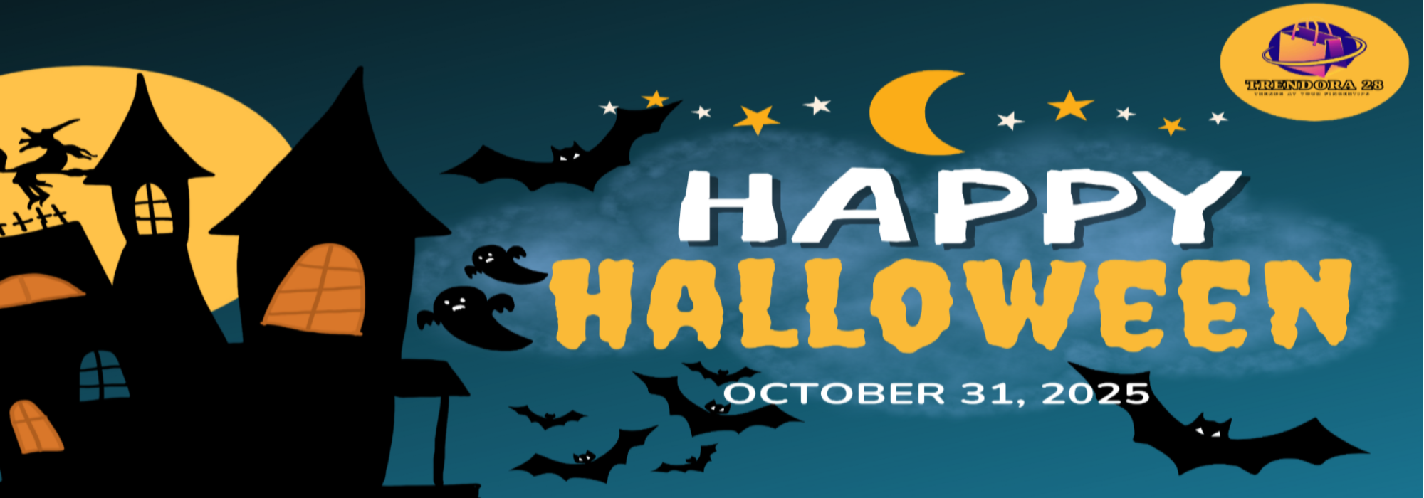 Halloween-themed banner with a haunted house, bats, and 'Happy Halloween' text on a dark blue background.