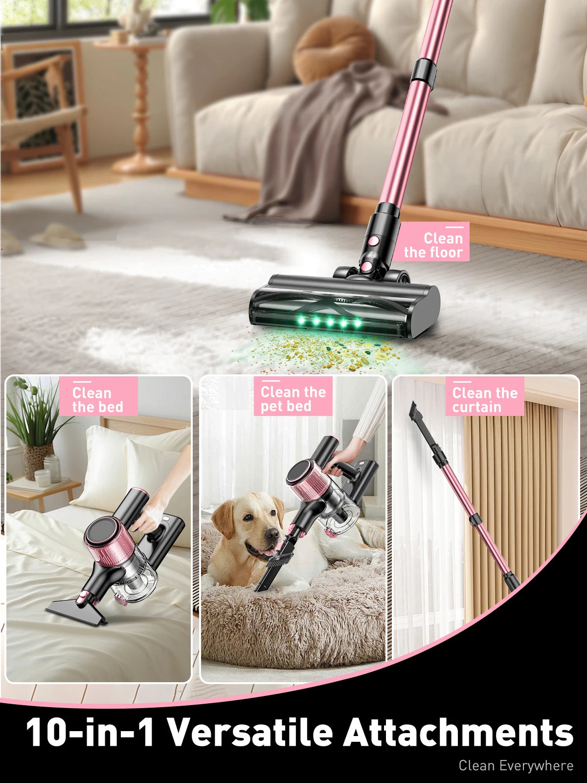 Cordless Vacuum Cleaner, 55Kpa/500W/45min 10 in 1 Powerful Stick Vacuum Cleaner for Home Pet Hair/Hard Floor/Carpet